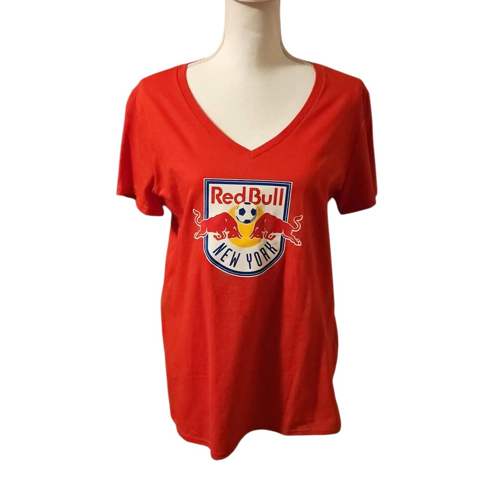 MLS Red Bull New York Soccer Tshirt Short Sleeves V-Neck Red Womens Size Large
